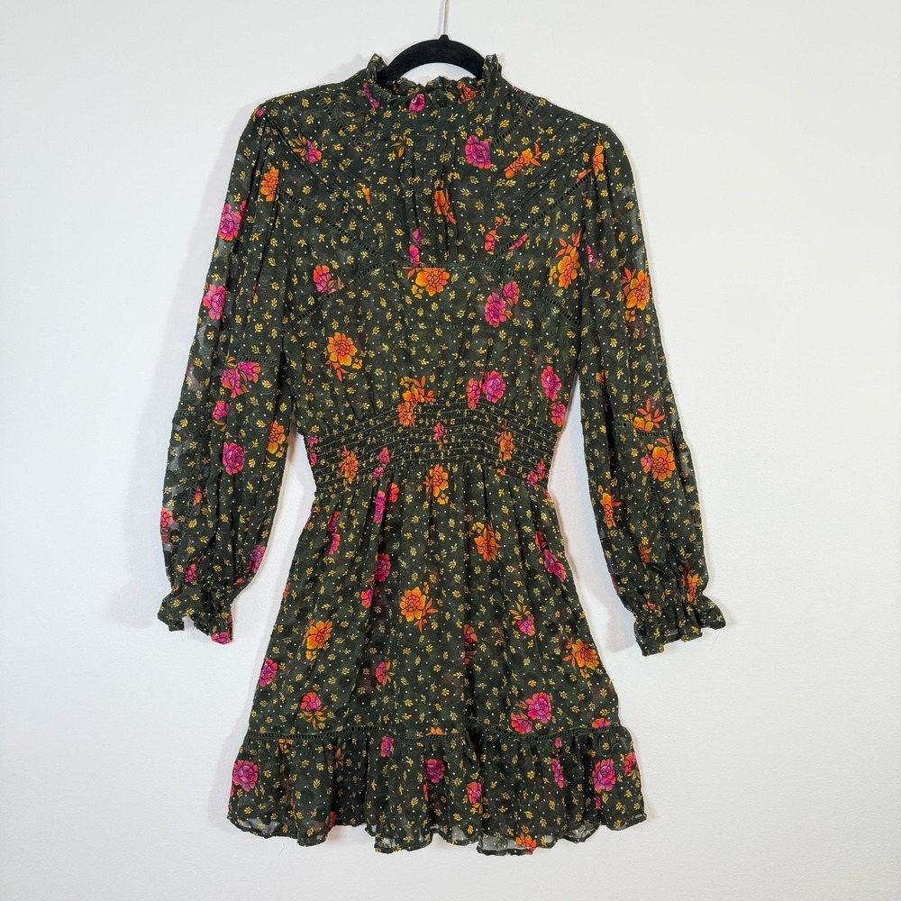 Angie Floral Chiffon Mini Dress Mock Neck Smocked Boho Prairie Cottage Sheer L
